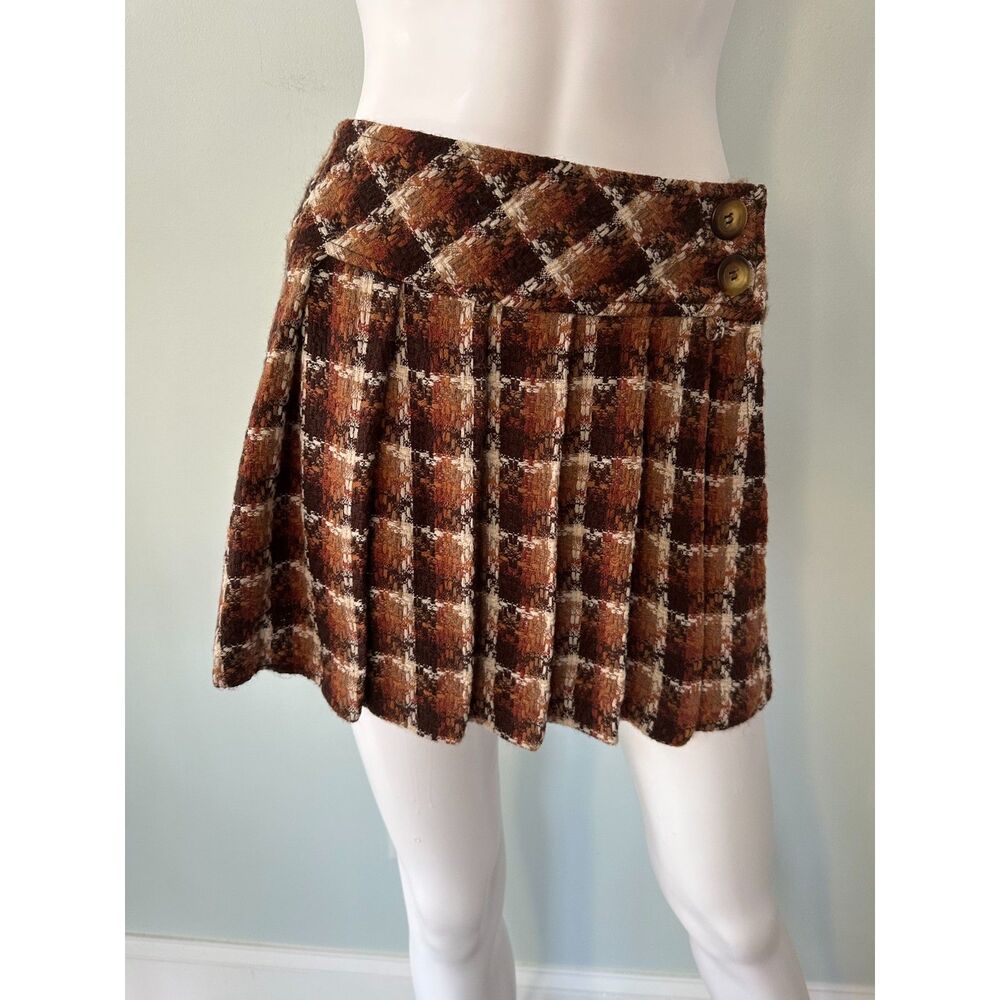 Y2k Preppy Chic Chocolate Brown Checkered Pleated Tweed Wrap Mini Skirt Junior 5